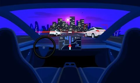 Autonomous Smart Driverless Car Interior Self Driving in Night City Highway T Stock Illustration