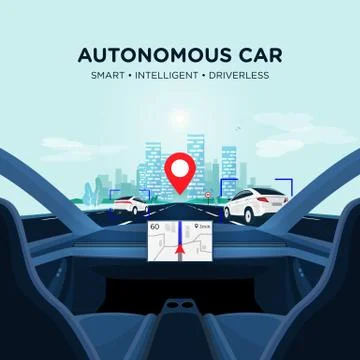 Autonomous Smart Driverless Car Self Driving. Car Interior view on Road with  Stock Illustration