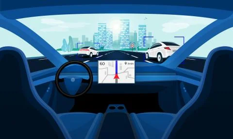 Autonomous Smart Driverless Car Self Driving. Car Interior dashboard view on  Stock Illustration