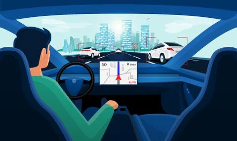 Autonomous Smart Driverless Car Self Driving. Driver no Hands on Steering Stock Illustration