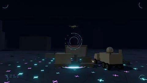 Autonomous target lock coordinates a drone strike above a ruined city a 스톡 동영상 342908225