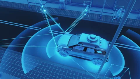 Autonomous taxi with sensor network navigates city street. Stock Footage 312693109