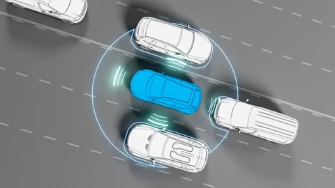 Autonomous vehicle sensor technology detecting surrounding traffic illustration Stock Footage 324685366