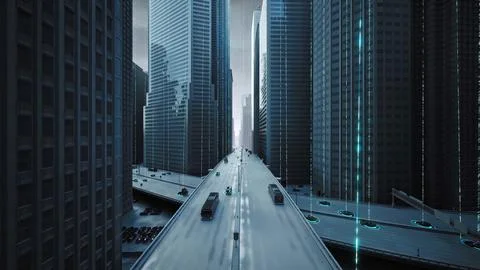 Autonomous Vehicles Autonomously Driving Through A City Using Radar Technology Illustrazione stock