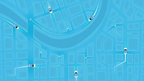 Autonomous Vehicles Navigation Routes on Smart City Map. Traffic Speed Control Stock Illustration