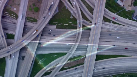 Autonomous vehicles with self driving technology navigating a complex highway Stock Footage 345492599