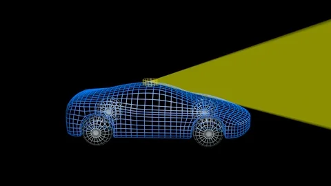 Autonomous wireframe self driving car with lidar scan signal. Light off screen 스톡 동영상 100569068