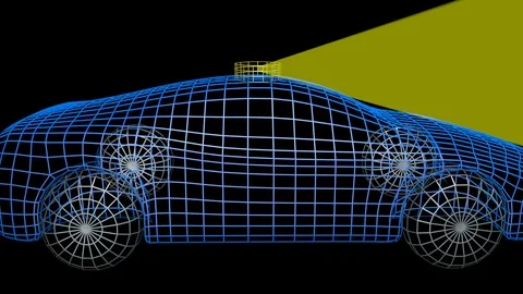Autonomous wireframe self driving car with lidar scan signal.  View zoom out Stock Footage 100569091