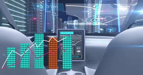Autopilot engaging, tablet and HUD showing message, counting down, expanding Stockbeeldmateriaal 328330550