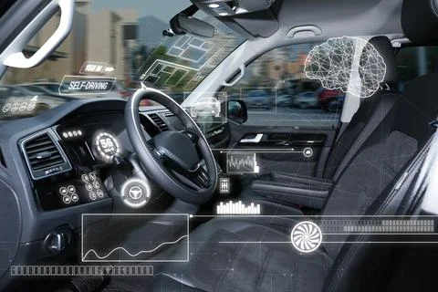 Autopilot system and other digital elements in modern car. Futuristic concept Stock Photos
