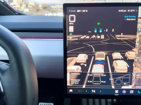 Autopilot Visualization Screen Inside Modern Vehicle Stock Photos