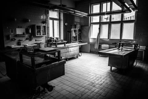 An autopsy room interior low light Stock Photos