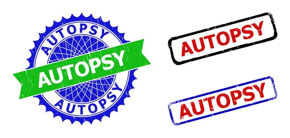 AUTOPSY Rosette and Rectangle Bicolor Stamp Seals with Grunged Textures Stock Illustration