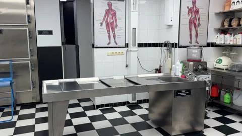 Autopsy table in a hospital. Empty modern morgue. Stock Footage 310888883