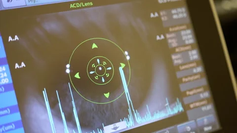 Autoref Keratometer close up screen view. Ophthalmological examination, close-up Stock Footage 154156646