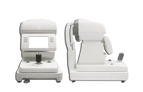 Autorefractor fore checking patient on white background. Stock Photos