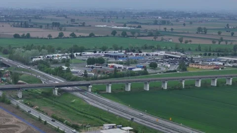 Autostrada A1 and A21 junction near Fiorenzuola d Arda Piacenza Emilia Roma.. Stock Footage 332925512