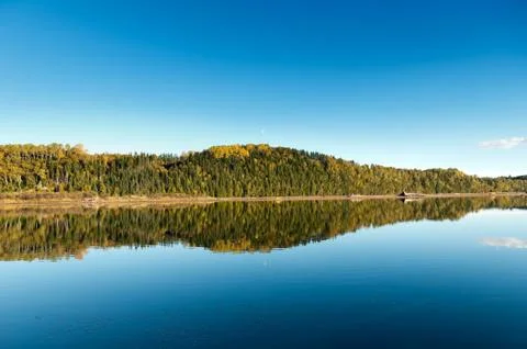 Autum forest reflection in the ocean Stock Photos