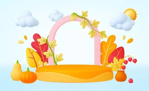 Autumn 3d background. Fall leaves, pumpkin and seasonal plants. Leaf and 3d Stock Illustration