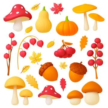 Autumn 3d elements, falls leaves, decorative nature objects. Mushrooms Illustrazione stock