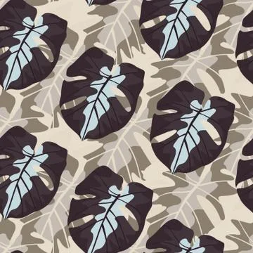 Autumn abstract seamless pattern with doodle brown monstera leaf ornament. Be Stock Illustration