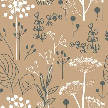 Autumn abstract seamless pattern. Minimal floral elements background, dry herbs Illustrazione stock