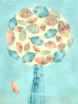 Autumn abstract tree with falling leaf isolated on white background. Stock Illustration