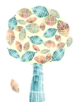 Autumn abstract tree with falling leaf isolated on white background. Stock Illustration