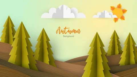 Autumn abstract vector forest landscape in papercraft style. Stock Illustration