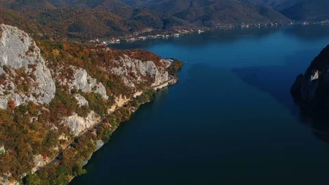Autumn aerial view of Danube Gorge, Romania Stock Footage 97175053