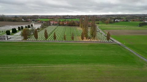 Autumn Aerial View of Tyne Cot Memorial Cemetery in Belgium Stock Footage 327984630