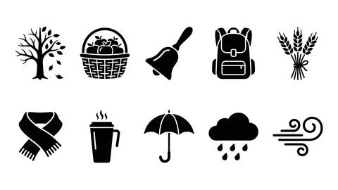 Autumn and fall weather vector icon set with school and harvest symbols. Stock Illustration