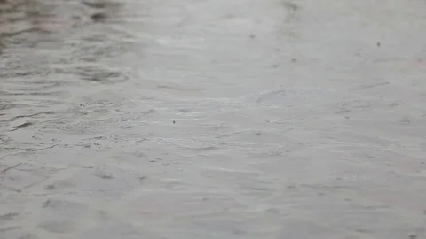 Autumn and winter rain dropping down the street paved with dark stones. Stock Footage