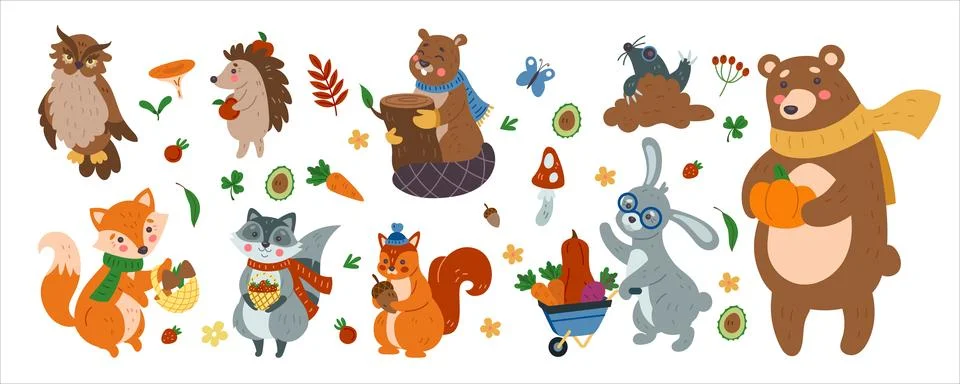 Autumn animals. Fall forest. Bear hold pumpkin, cute fox, funny rabbit, squirrel Stock Illustration
