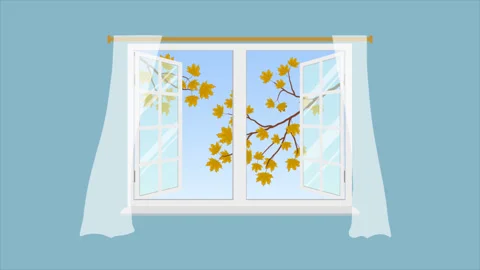 Autumn animation. Open window with curtains. Nice fall day outside Stock Footage 254012670
