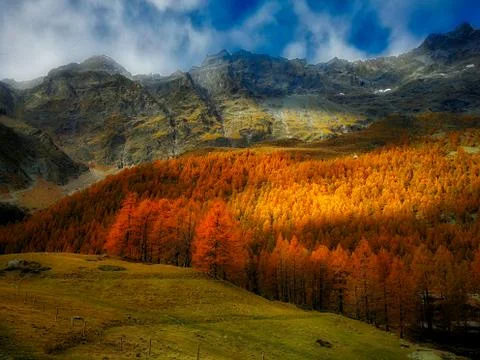 Autumn in Aosta Valley, Italy. Around Blue Lake. HDR. Stock Photos
