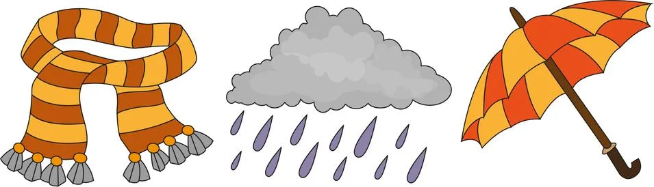 Autumn attributes collection, set of elements: umbrella, cloud, scarf. Illustrazione stock