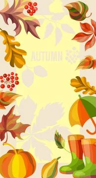 Autumn background banner with textured fall leaves on a blue gingham plaid pa Stock Illustration