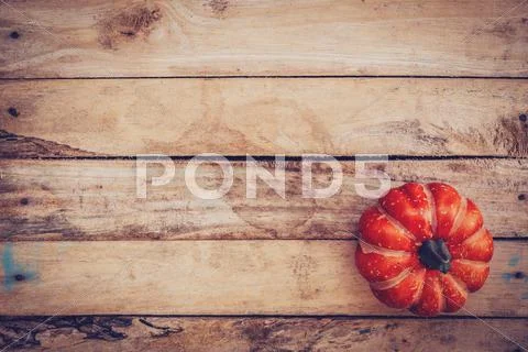 Autumn background with pumpkin on wooden board with space, Vintage filter. Stock Photos