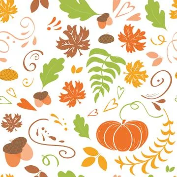 Autumn background. Seamless pattern of falling colorful maple leaves pumpkin 스톡 일러스트