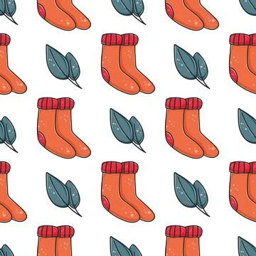 Autumn background with warm knitted socks and leaves Ilustração Stock