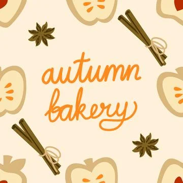 Autumn Bakery Vector Pattern With Lettering On Beige Background Stock Illustration