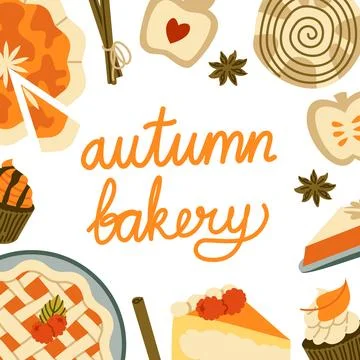 Autumn Bakery Vector Template Flat Geometric Pumpkin Pie Cake Background Stock Illustration