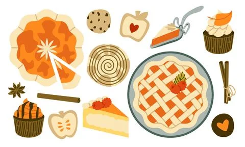 Autumn Baking Vector Set Flat Geometric Pumpkin Pie Cake Cupcake Collection Stock Illustration