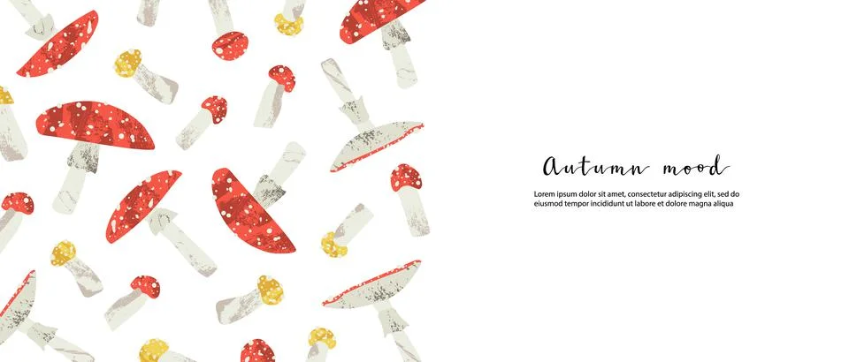Autumn banner: red, yellow fly agaric, amanita muscaria. Fall border. Poisono Illustrazione stock