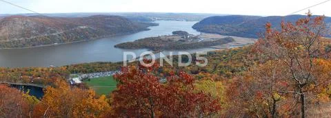 Autumn bear mountain aerial view panorama with hudson river Stock Photos