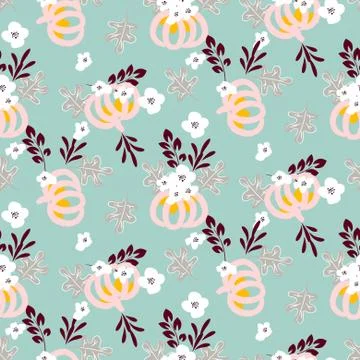 Autumn beautiful chic seamless vector pattern with pumpkins and flowers on blue Stock Illustration
