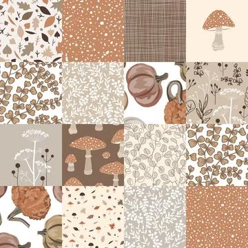 Autumn beige seamless patchwork quilt. Kawaii seamless pattern for fall seaso Stock Illustration