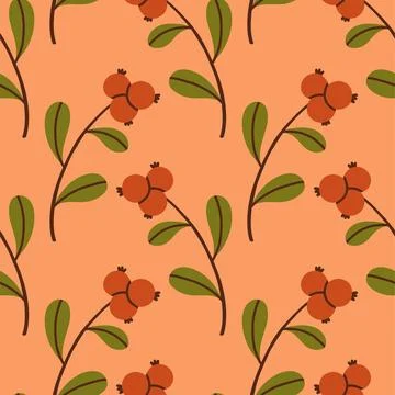 Autumn berry seamless pattern. Fall isolated berries on orange pink background Stock Illustration