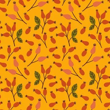 Autumn berry seamless pattern. Fall isolated berries on yellow background Stock Illustration